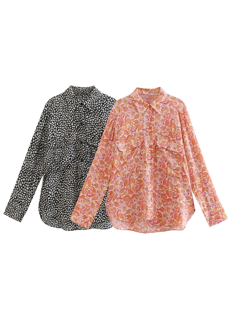 

Рубашки женские 2022 офисные элегантные рубашки с винтажным принтом, топы, воротник с лацканами, пуговицы спереди, карманы с клапанами, рубашк...