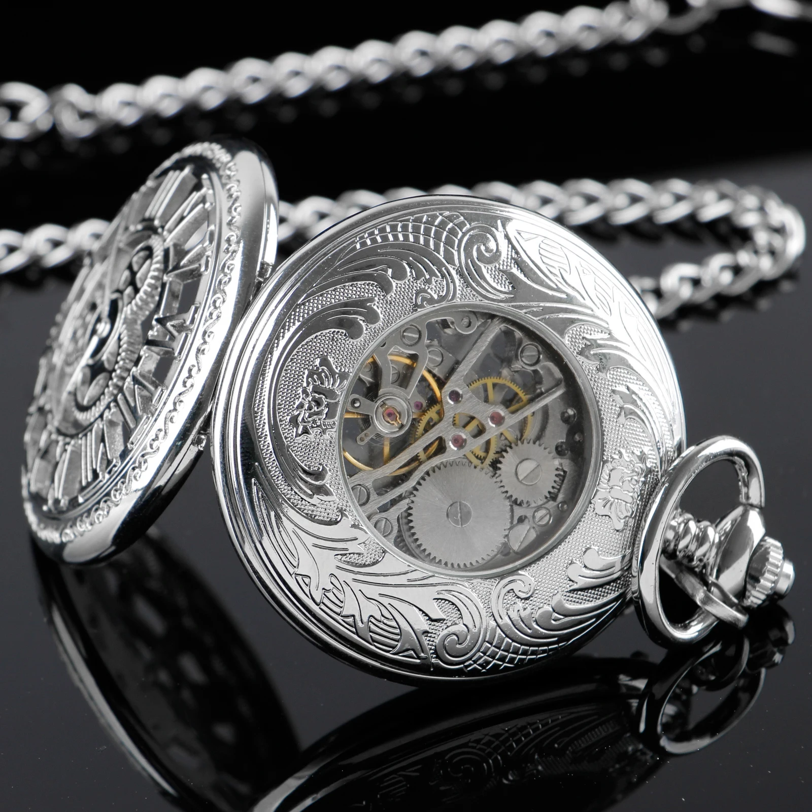 Top Brand Luxury Silver Mechanical Pocket Watches Necklace Mens Women Antique Vintage Charm Hand Wind Fob Chain Watches Gift