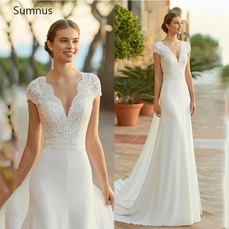 

Платье Свадебное шифоновое ТРАПЕЦИЕВИДНОЕ с кружевной аппликацией и V-образным вырезом