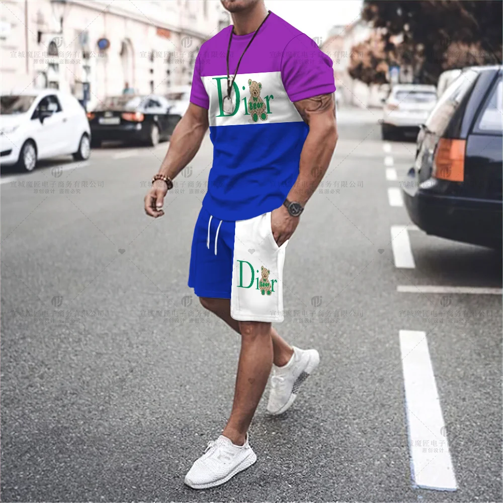 Men's T-shirt Set Brand Teddy Bear Print Summer Fashion Tops Design Tops Shorts Loose Loose Breathable Quality Clothes