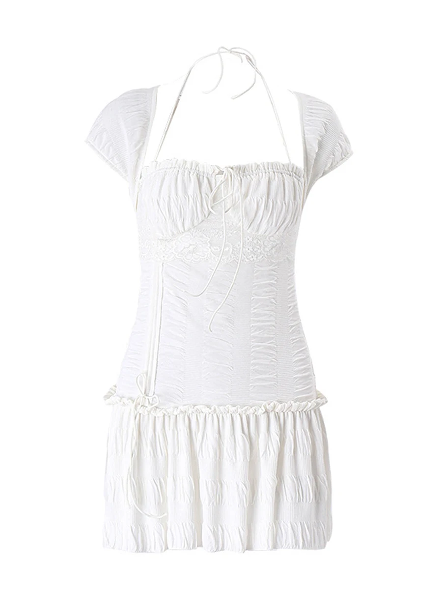 

Женское летнее Короткое облегающее платье, белое платье с коротким рукавом и низким вырезом, с рюшами и кулиской