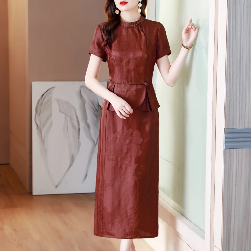 

Новинка лета 2023, высококачественный костюм с юбкой до локтя, Модный китайский костюм из двух предметов, высококачественный Топ