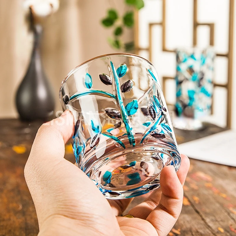 

Creative Hand-painted Branch Glass Cup with Etched Flower Design and Colorful Relief Leaves, Ideal for Water and Juice