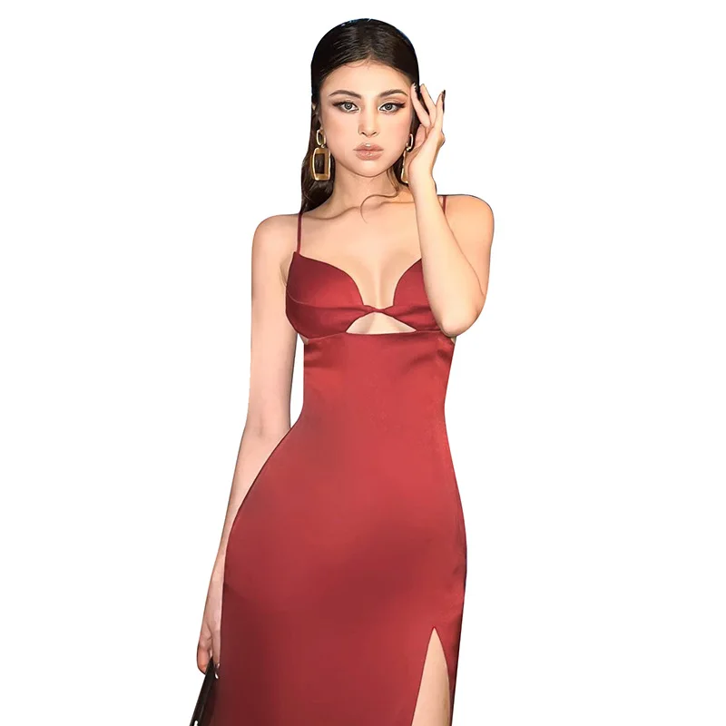 

Женское Открытое платье на бретелях, черное элегантное облегающее вечернее платье без рукавов с разрезом и высокой талией на лето