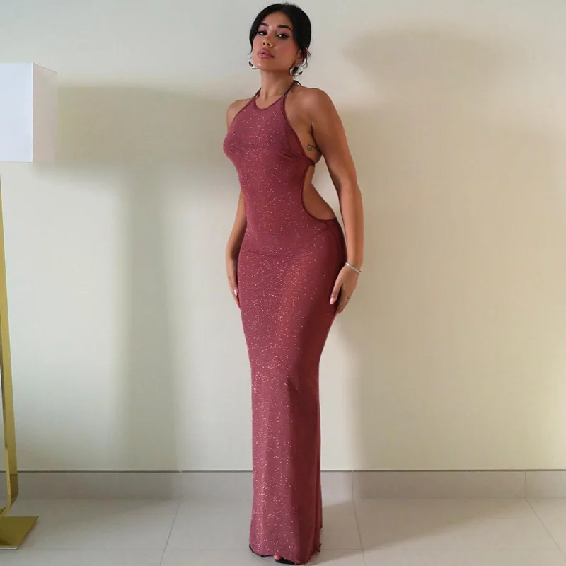 

Блестящее шелковое пикантное длинное платье с открытой спиной и лямкой на шее, Новинка осени 2023, женское облегающее платье без рукавов, вечернее платье