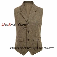 mens suit vest 5 button herringbone tweed tailored collar steampunk vintage waistcoat blackbrowngreen