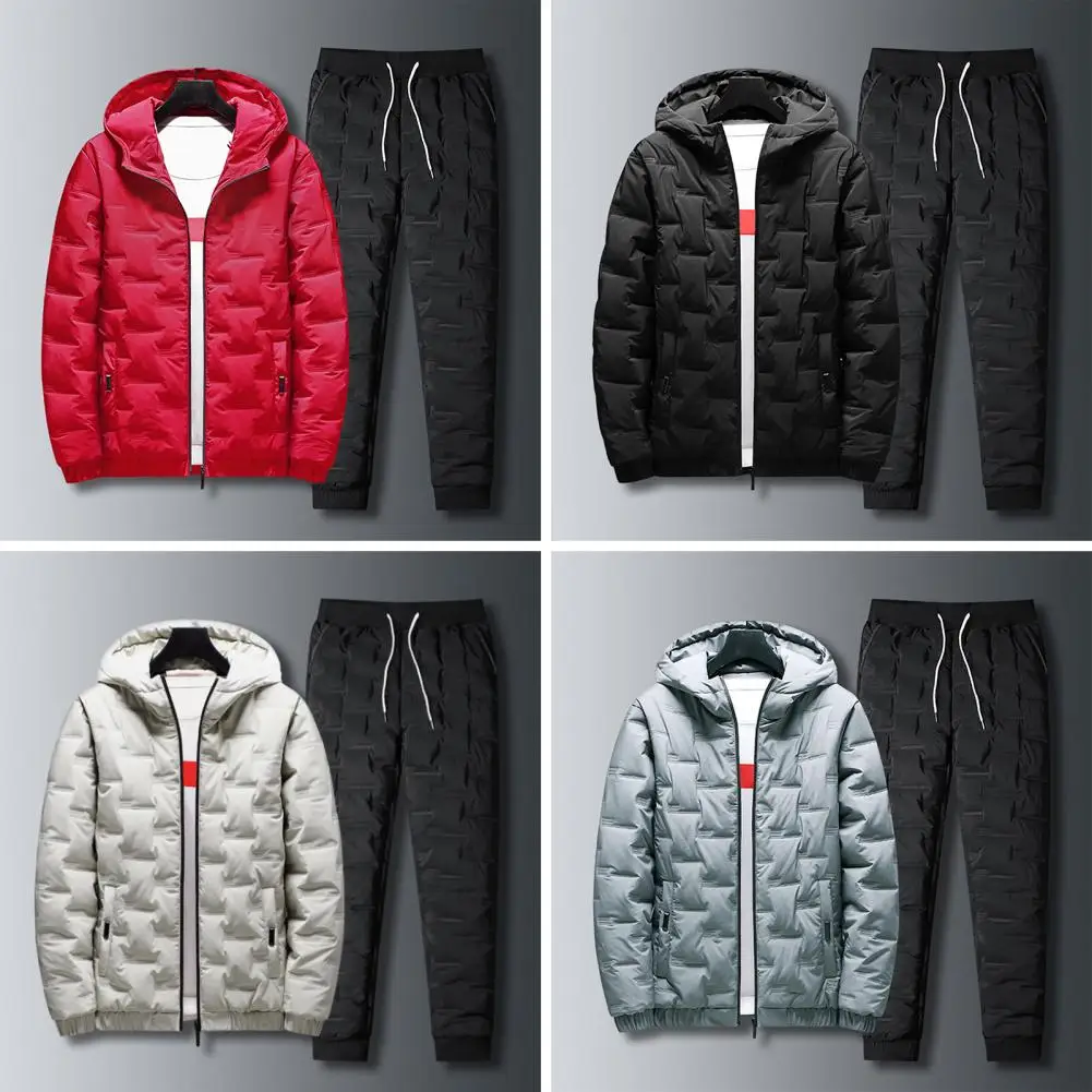 Soft Men Jacket Set Solid Color Plus Size Men Fashion Parka Jacket Trousers Set  Long Sleeves Coat Pants Suit Casual Wear