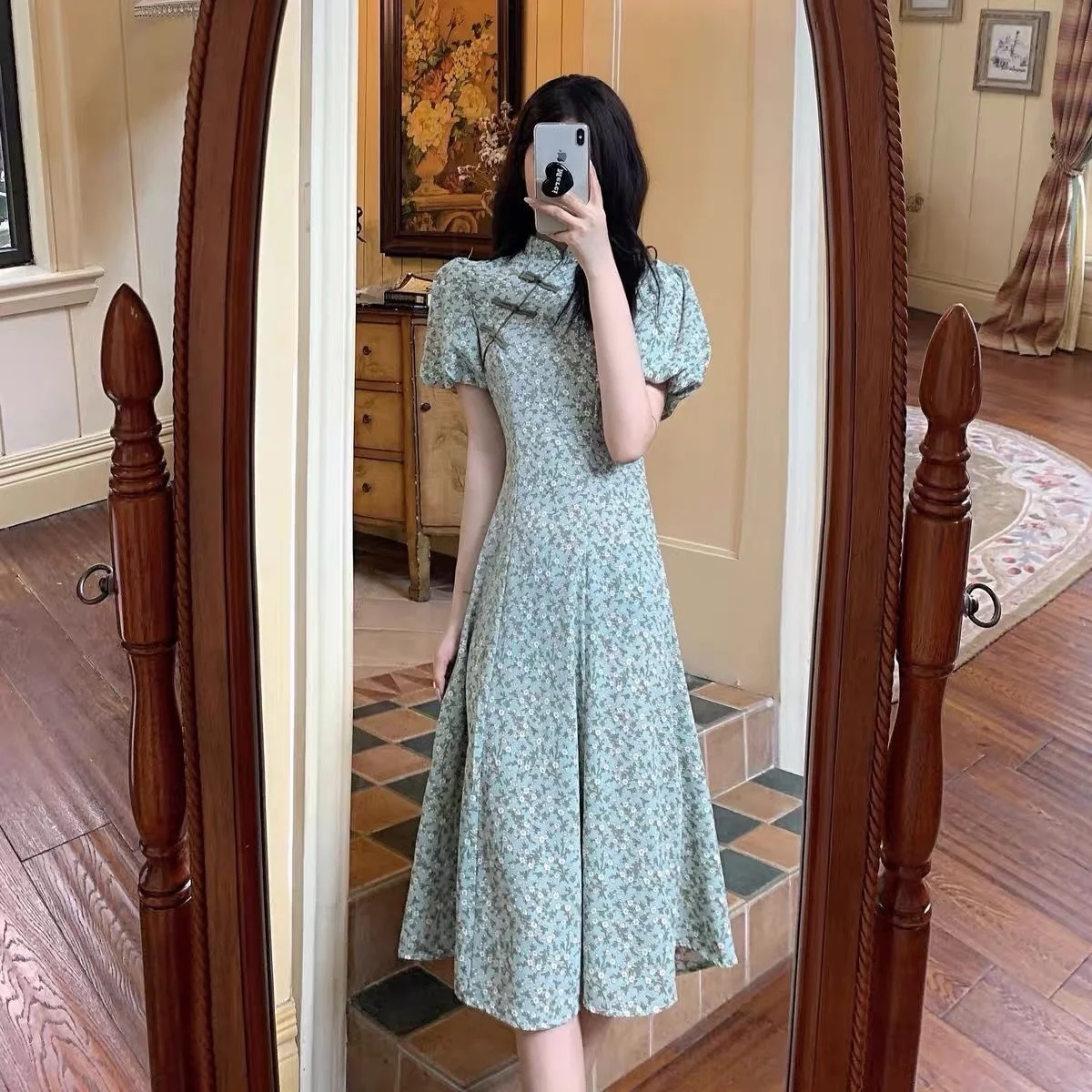 

Chinese Improved Cheongsam Summer Floral Woman Dress Puff Sleeve Printing French A-line Vintage Elegance China Dress