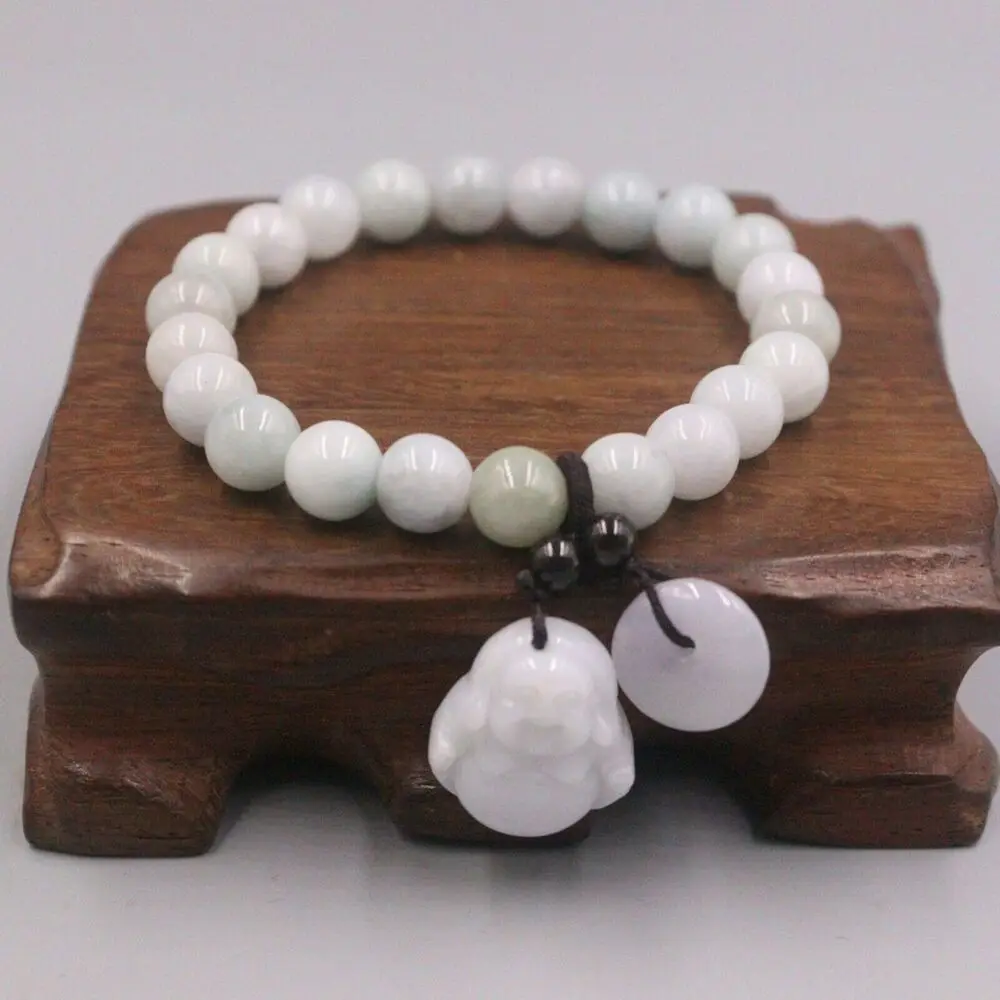 Натуральный жадеитовый талисман "Счастливый Будда" на браслете с 8-миллиметровыми жемчужинами для женщин.