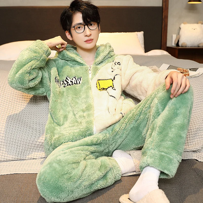 QUHENGCoral Fleece Man Pajamas Set Winter Warm Large Size Flannel Home Clothes Autumn Sleepwear Thick Warm Nightwear Homewear