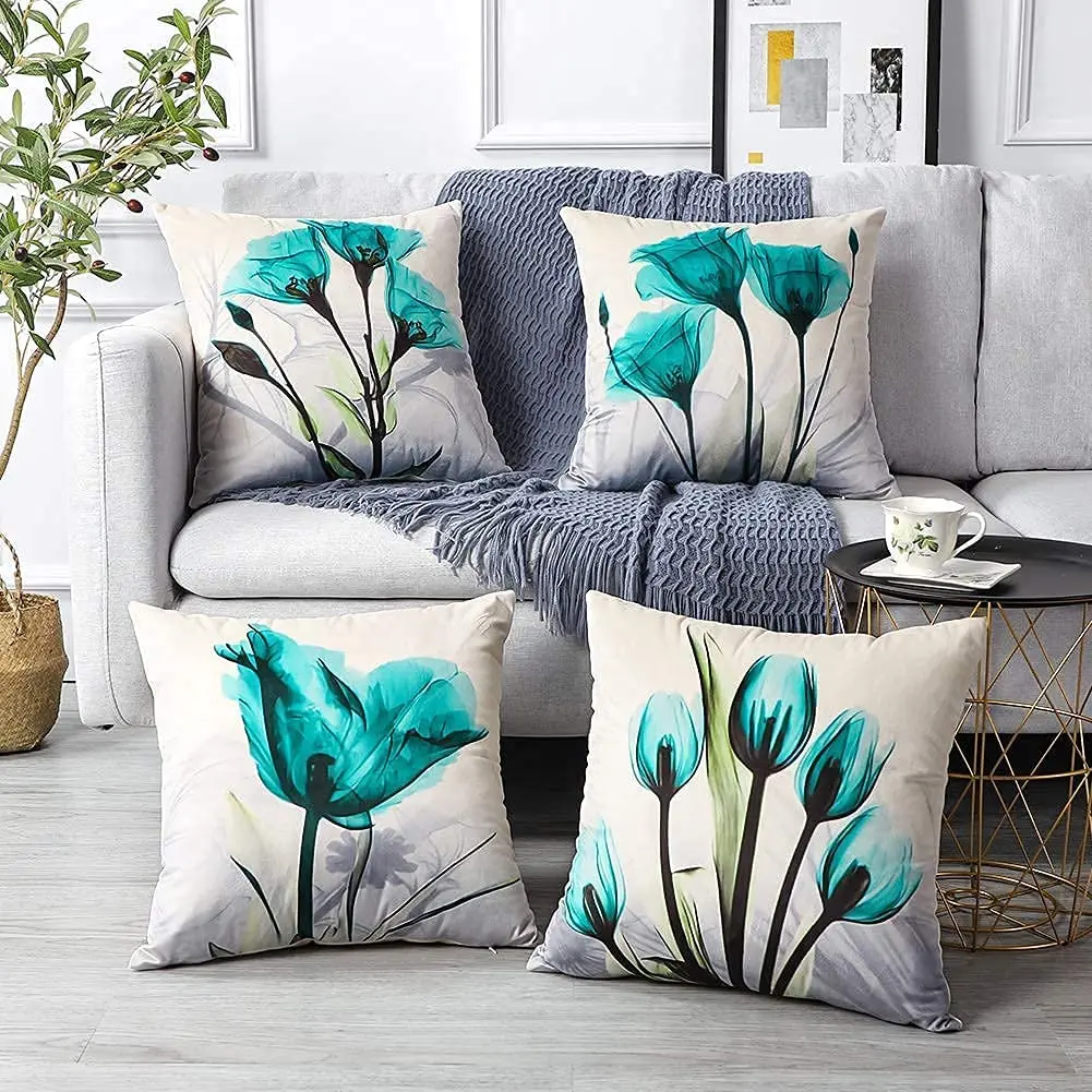Cyan Watercolor Flower Linen Cushion Cover Upholstery, Pillowcase Home Decor, For Sofa, Car, Bedroom 40x40 45x45 50x50 60x60