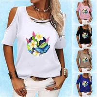 women fashion round neck top floral printed off shoulder top summer casual short sleevetee shirt ladies loose t shirt