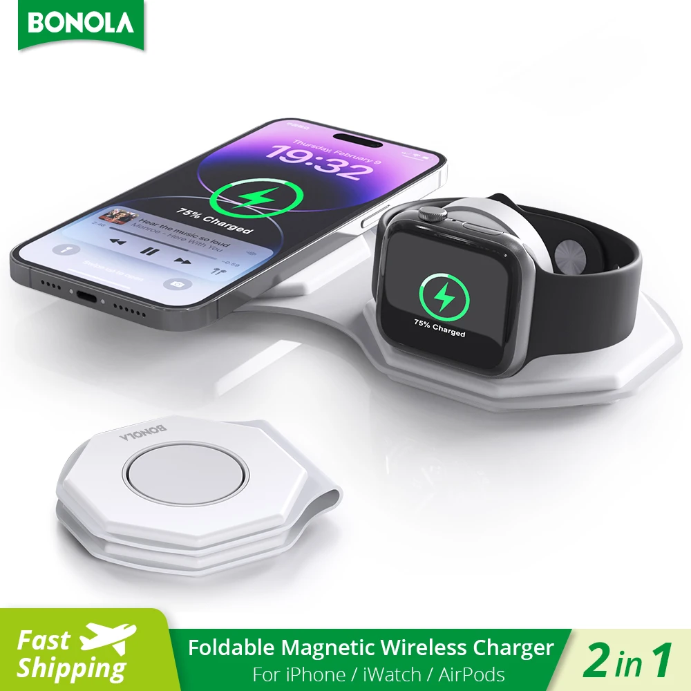 

Bonola Foldable Wireless Charger 2 in 1 for iPhone 14pro /15/13/12 15W Magnetic Wireless Chargers for Apple Watch 8/Airpods Pro