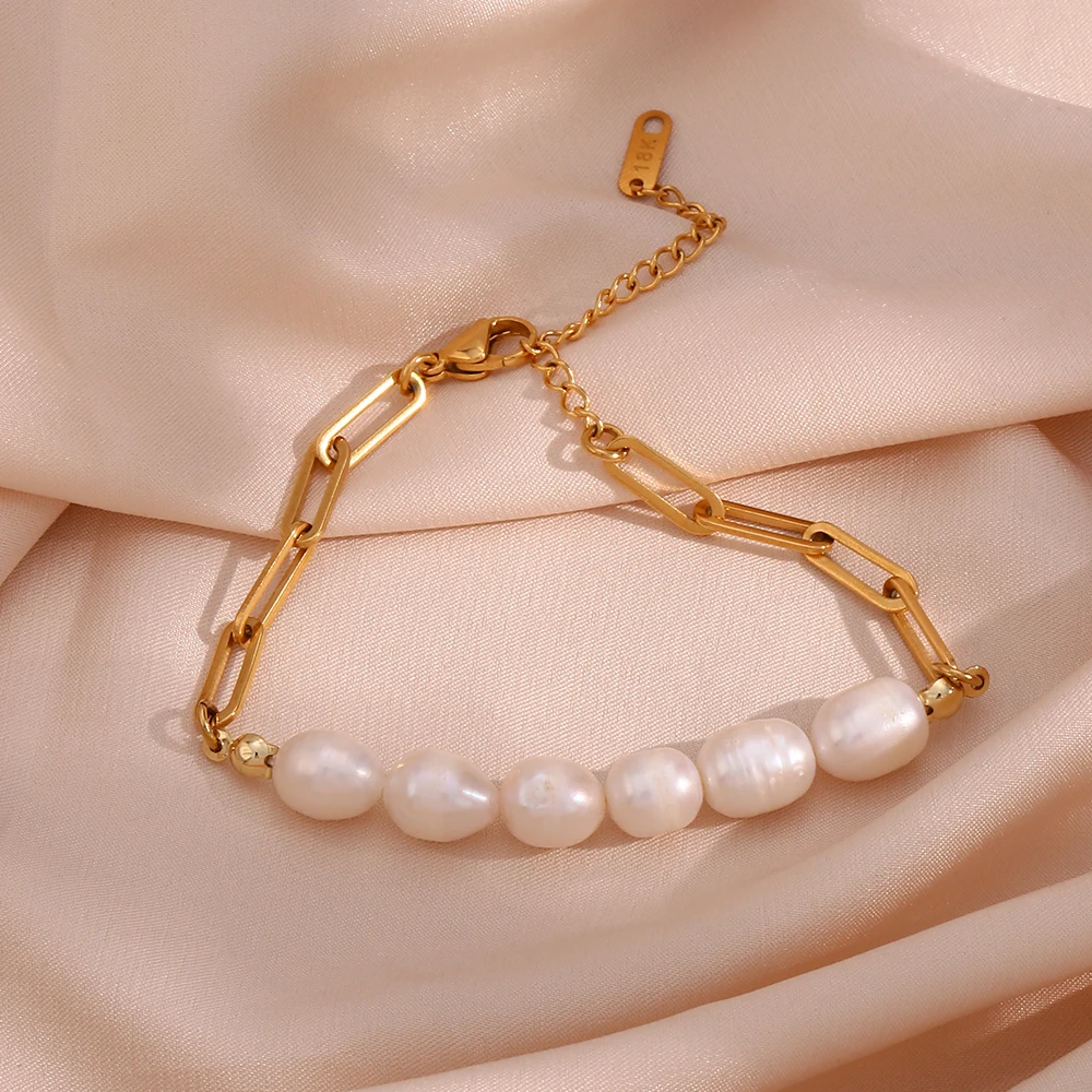 

Natural Freshwater Pearl Beaded Bracelets Female Jewelry 18K Gold Plated Waterproof Paper Clip Chain Bracelet for Women Gift