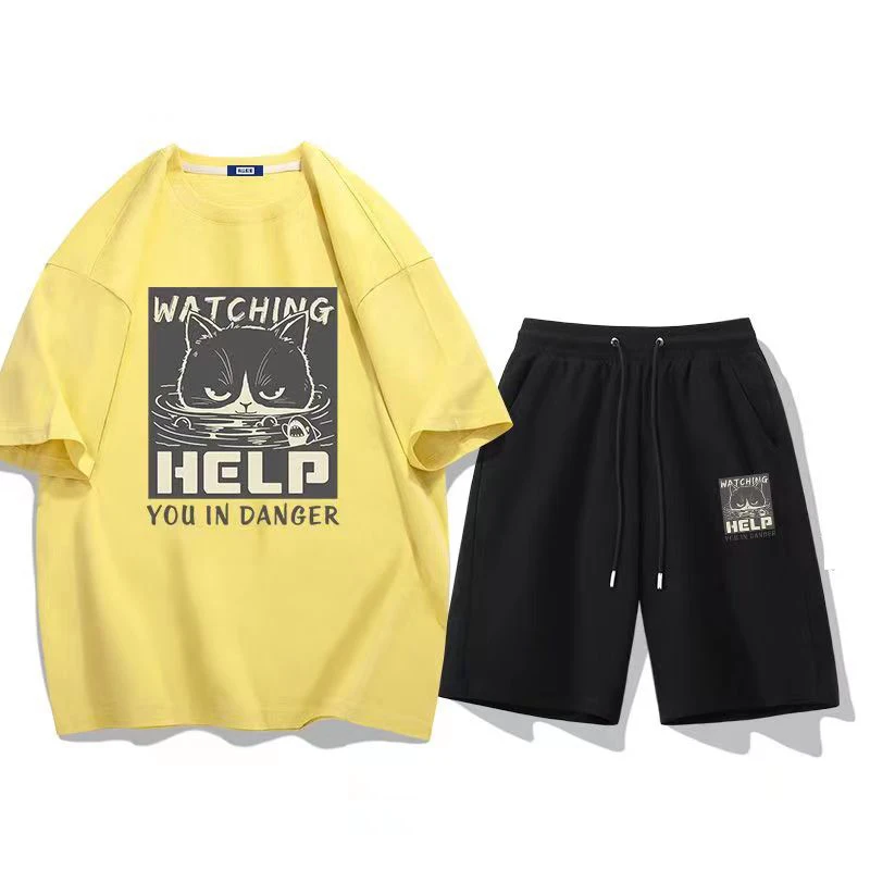 2023 Summer Black Cat Print T Shirt and Shorts Sets Men Cotton T-Shirts Oversize Women Tracksuit Two Pieces Set Free Shipping
