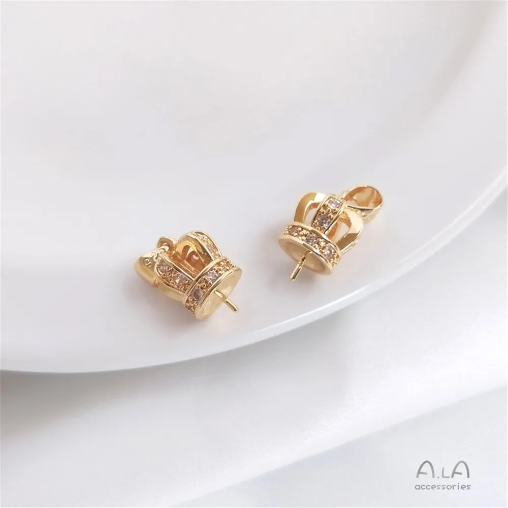 

14K Gold Filled Plated Inlaid zircon crown half hole bead holder crystal pearl hangers DIY first jewelry accessories