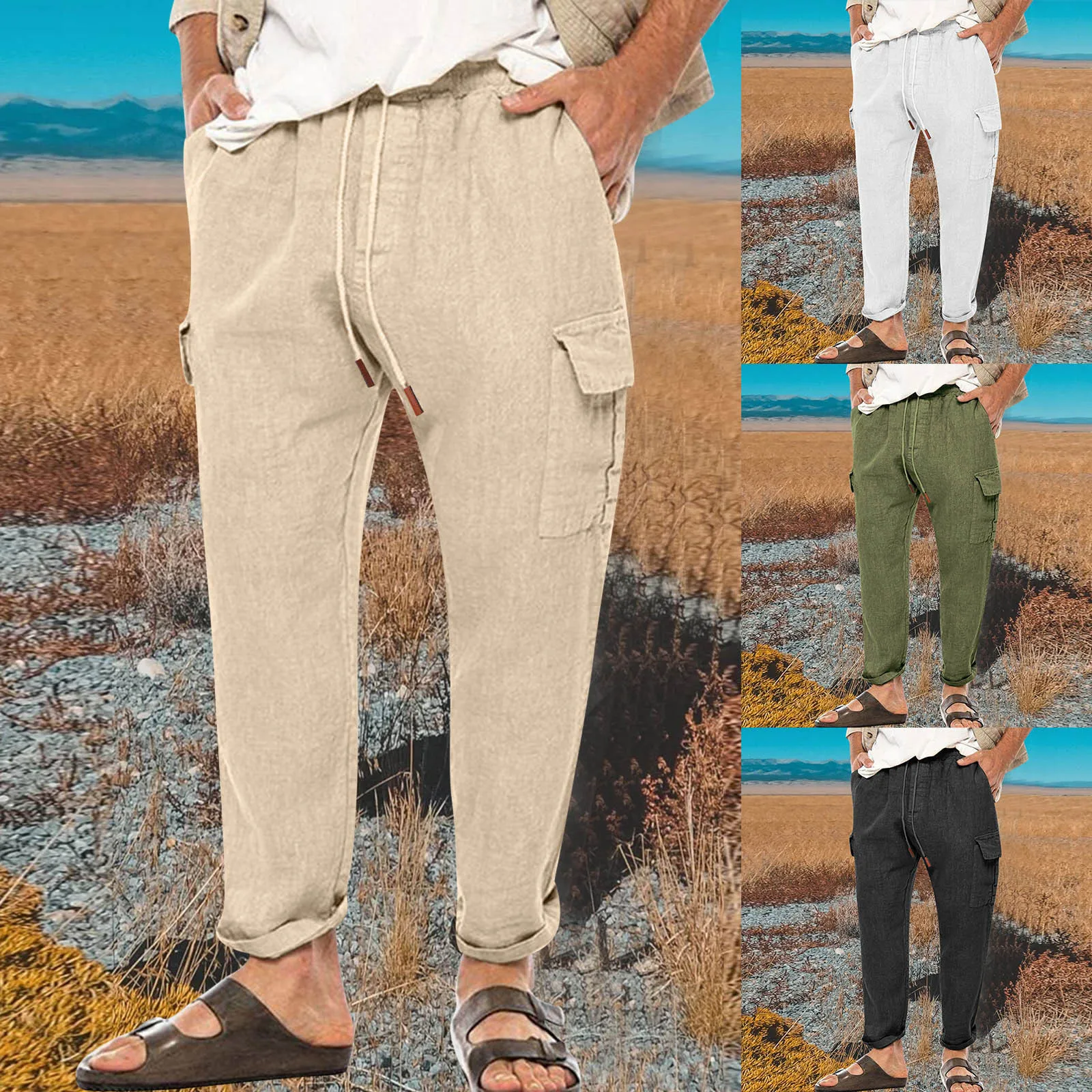 New Men's Linen Pants Male Summer Breathable Cotton Solid Color Linen Trousers Fitness Streetwear Sweatpants Male Cargo Pants