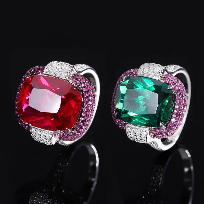 

S925 Full Body Silver Explosion Colorful Treasure Emerald Red Treasure Rectangular Hero Set Closed Black Gold Electroplated Ring