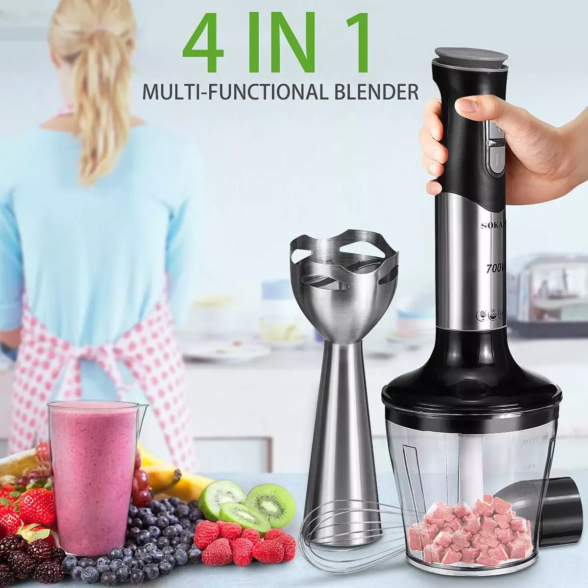 

in 1 Immersion Hand Stick Blender Mixer kitchen Vegetable Meat Grinder 800ml Chopper Whisk Egg Beater 600ml Smoothie Cup