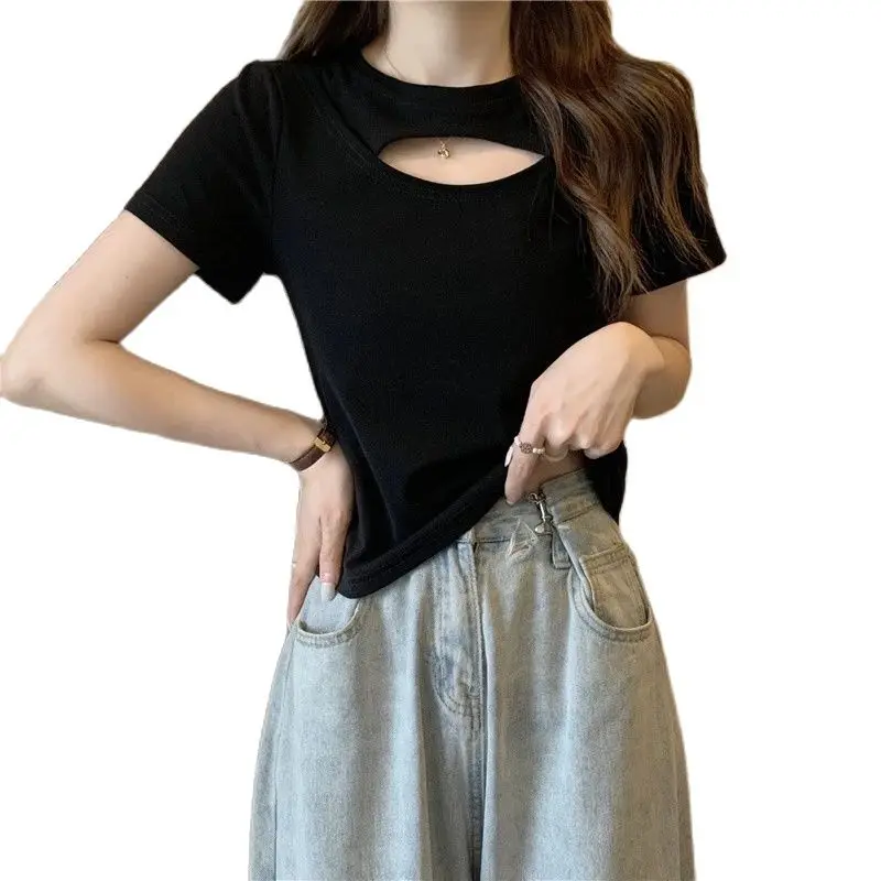 Новинка черная Сексуальная футболка с дырками Женский облегающий винтажный