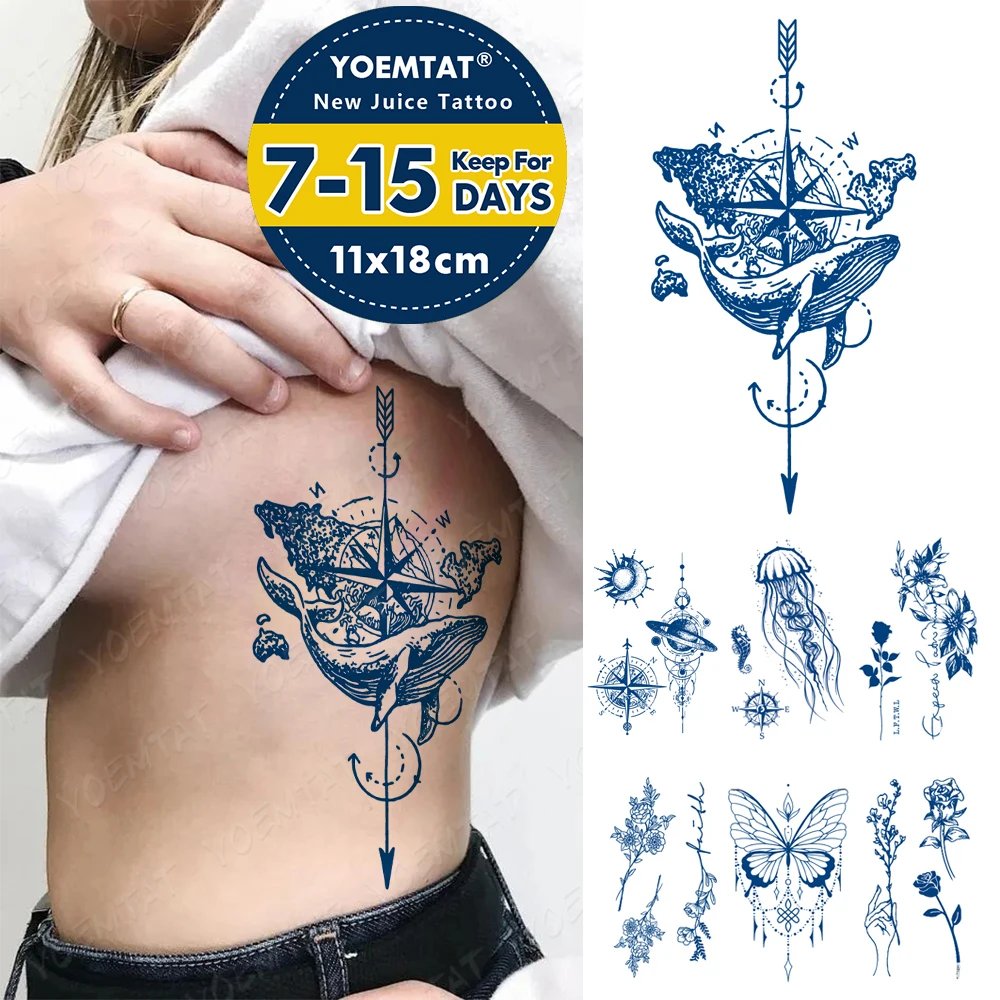 

Semi-Permanent Waterproof Temporary Tattoo Sticker Compass Map Arrow Whale Juice Lasting Ink Tatto Body Art Herbal Fake Tattoos
