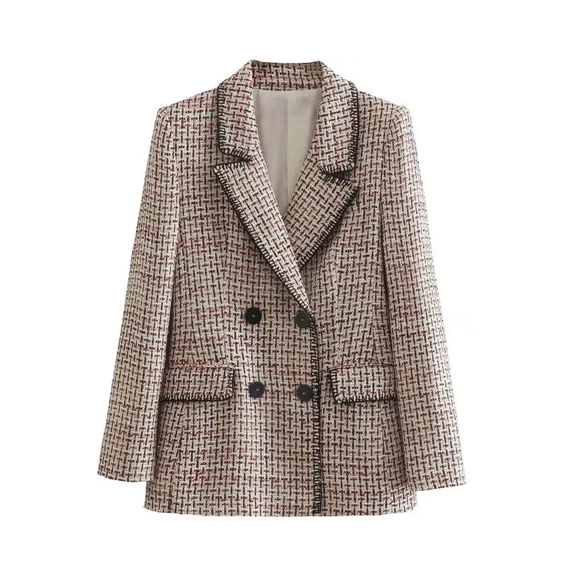 

Women's 2022 Suit Solid Color Textured Double Breasted Casual Woven Long Sleeves Pocket Lapel Chic Mujer