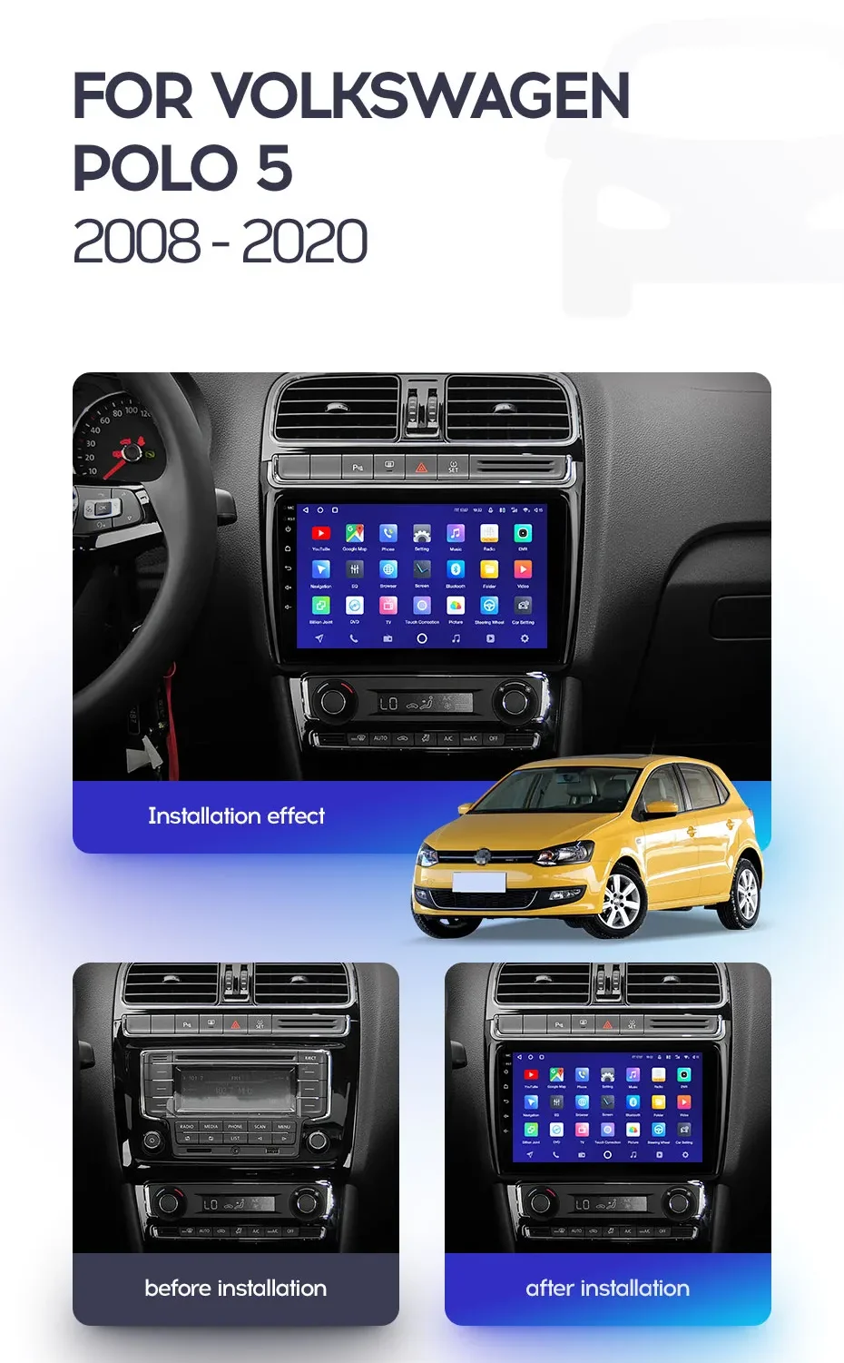 Фото Автомагнитола для VW Volkswagen POLO 5 седан 2008-2020 с Android Auto, Carplay, мультимедийным стереомонитором, навигацией и сенсорным экраном. №2
