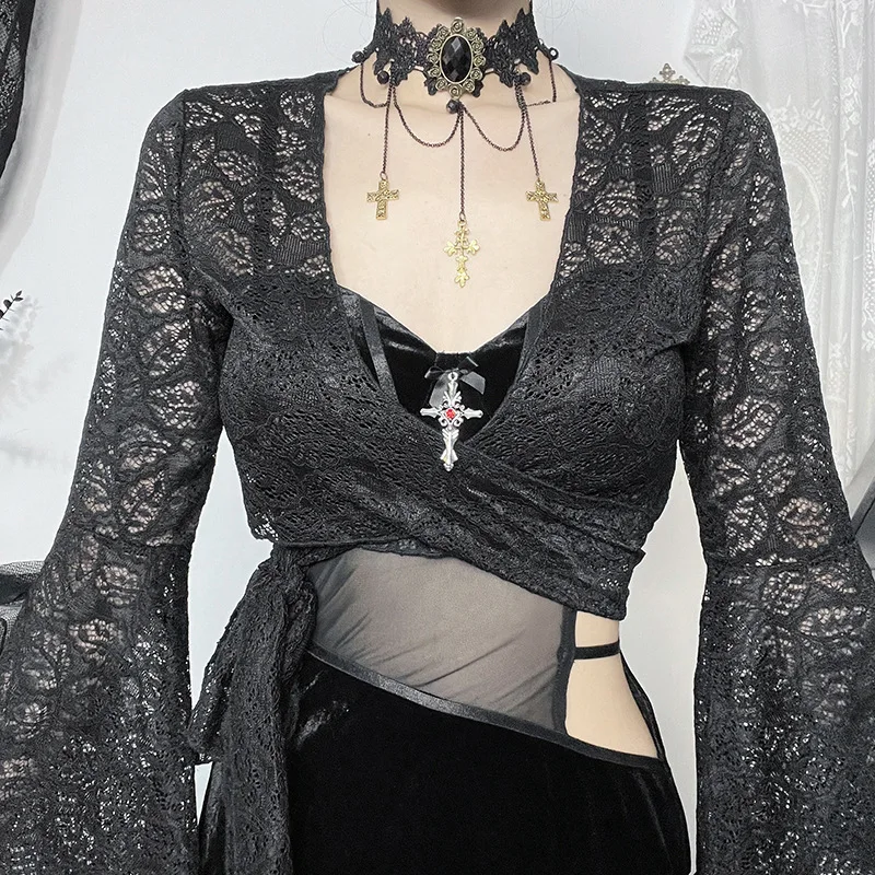 Женское короткое Кружевное пальто Goth Dark короткий топ с расклешенными рукавами в
