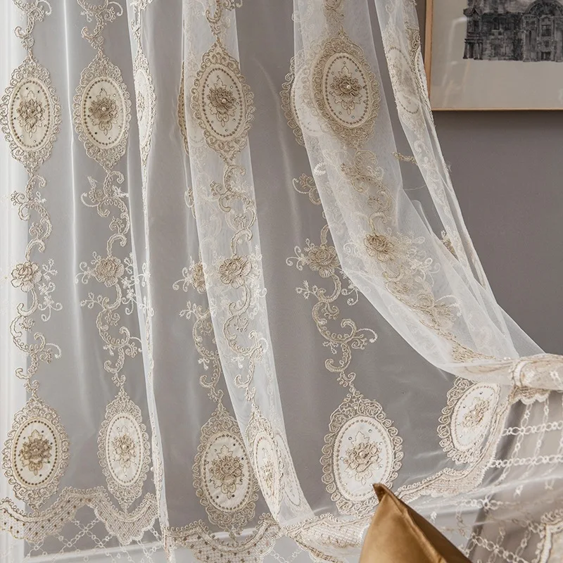 

European Flower Embroidered Bead Sheer Curtains for Bedroom Living Room Bay Window Screen White Tulle for Balcony