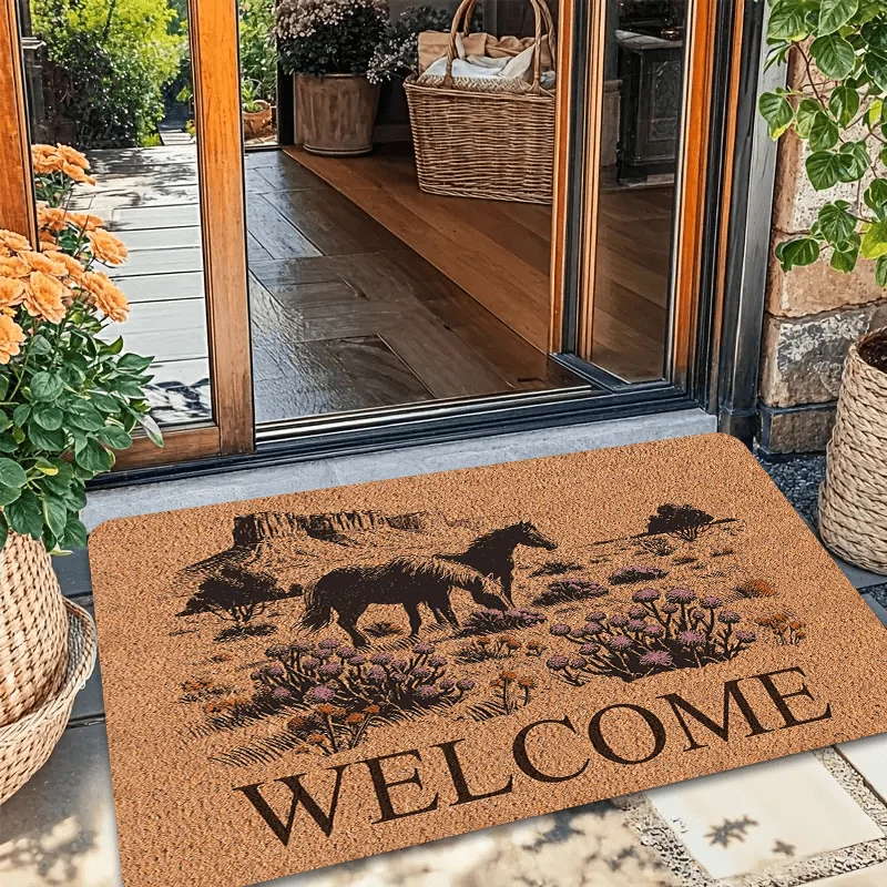 Фото Фланелевый придверный коврик Western Horse & Wildflower Welcome, с деревенским природным дизайном, противоскользящий, впитывающий влагу, для прихожей и веранды №4