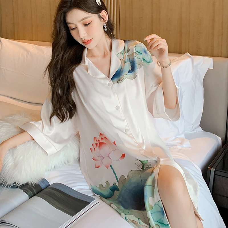 Ice Silk Nightdress Women's Summer New Short-sleeved Pajamas Thin Senior Sense Satin Sexy Shirt Sleep Dress Free Shipping