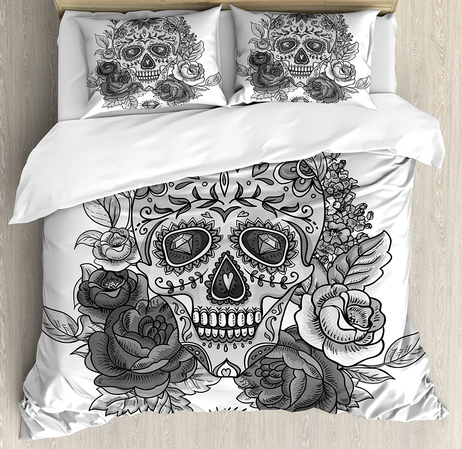 

Sugar Skull Bedding Set For Bedroom Bed Home Monochrome Skull with Roses Leaves and Diamon Duvet Cover Quilt Cover Pillowcase