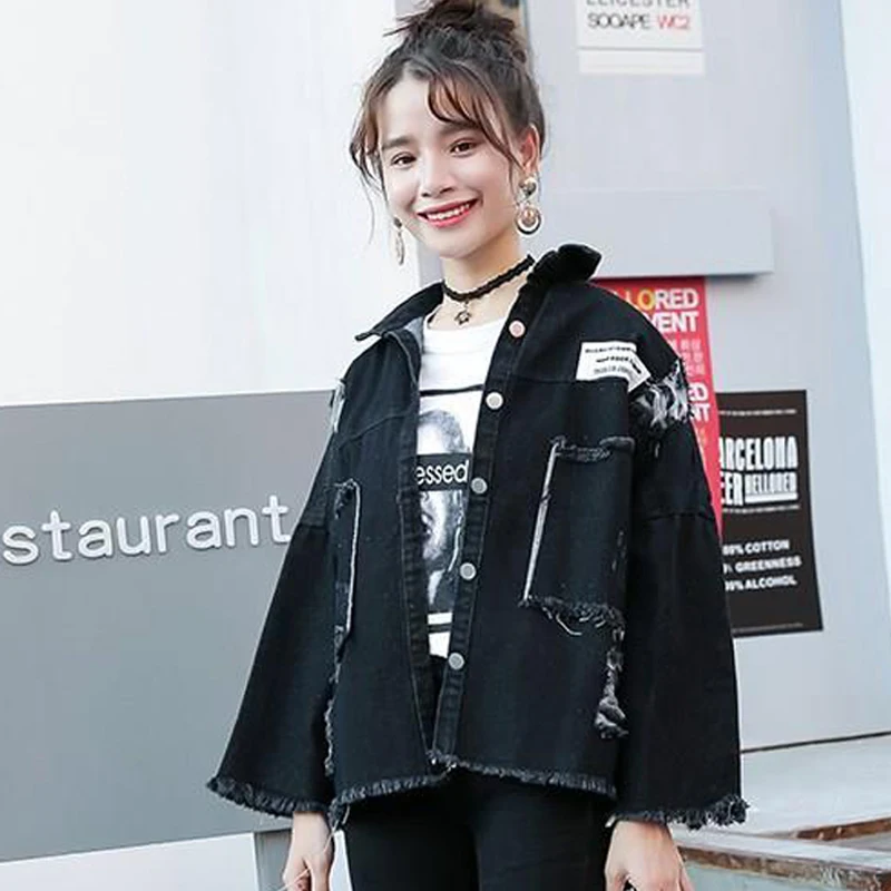 

MEXZT Autumn Hole Denim Jacket Women Loose Casual Tassel Jeans Jacket Black Coats Korean Fashion All Match Student Outwear New