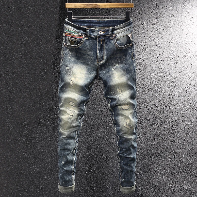 Newly Vintage Fashion Men Jeans Retro Wash Elastic Slim Fit Ripped Jeans Men Painted Designer Casual Stretch Denim Pants Hombre