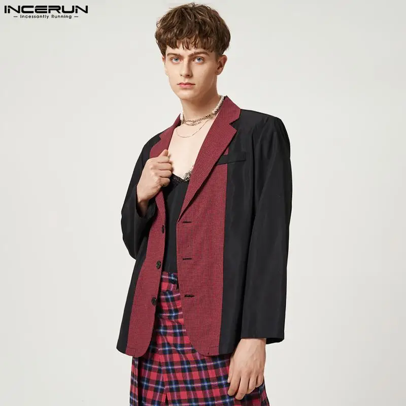 

2023 Men Blazer Plaid Patchwork Lapel Long Sleeve Single Breasted Suits High Street Fashion Casual Men Thin Coats S-5XL INCERUN