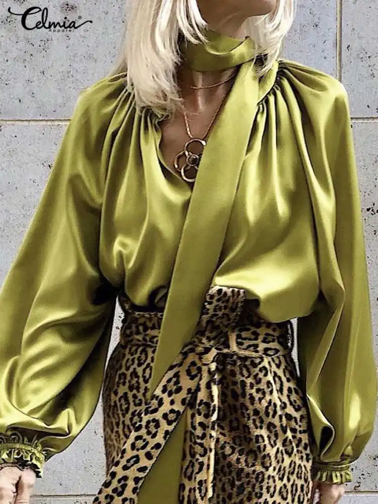 

Celmia Fashion Women V-neck Blouses Sexy Shirts 2022 Casual Long Lantern Sleeve Summer Satin Party Tunic with Tie Elegant Tops