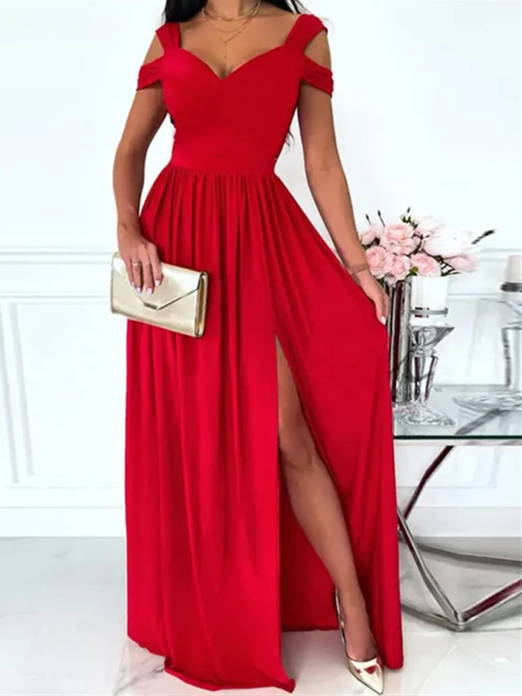 

2022 Elegant Women Dress New Solid V-Neck Off Shoulder Slim Waist Party Long Dress Office Summer Sexy Slit Big Swing Chic Dress