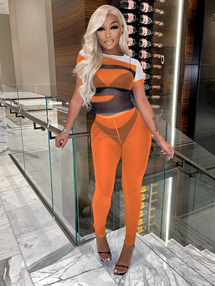 

Sexy Sheer Mesh See Through 2 Piece Club Outfit for Women Y2k Clothes Summer Short Sleeve T-shirt and Bodycon Legging Streetwear