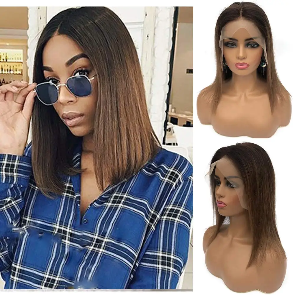 

Ombre Brown Lace Front Wig Straight Glueless 13x4 Free Part Pre Plucked Frontal Short Blunt Bob Wigs With Baby Hair