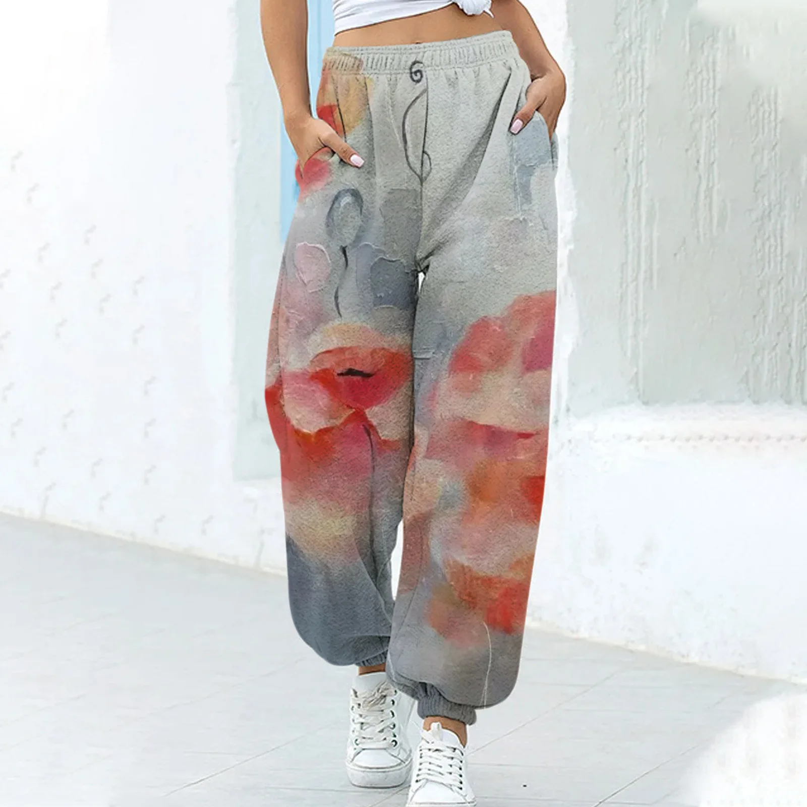 Summer elastic high-waisted sweatpants trend floral 3D women's print casual pants Fashion sports hip hop lap pants
