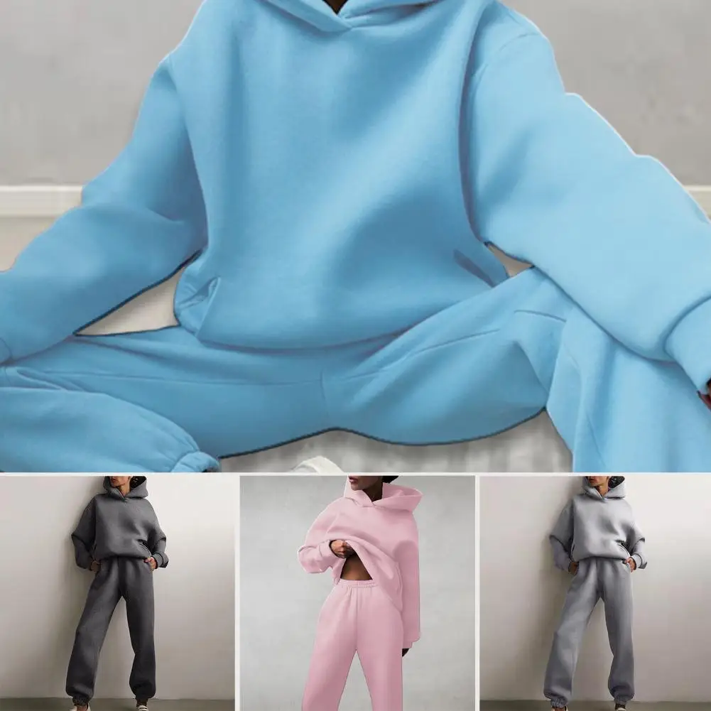 

Soft 2 Pcs/Set Great Elastic Waist Thick Tracksuit Set Long Sleeves Autumn Hoodie Pants Set Pullover for School