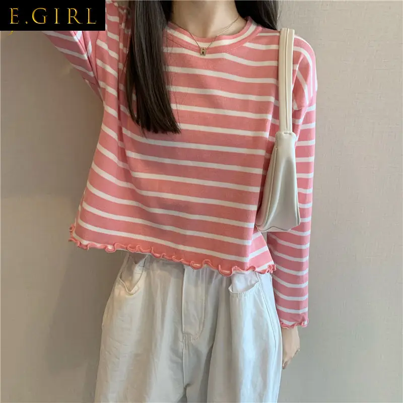 T-shirts Women Long Sleeve Striped Preppy Style Simple Retro Comfortable Basic Clothing Lady Popular 4-colors Edible Tree Fungus