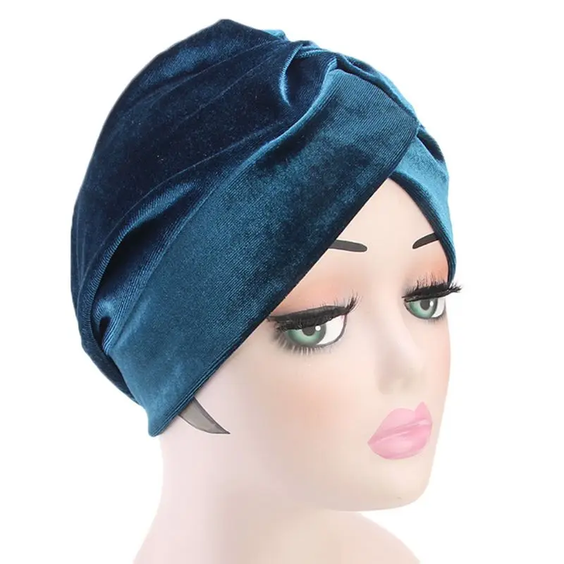 Women Velvet Turban Retro Knotted Twist Muslim Hijab Hat Solid Glitter Chemo Cap