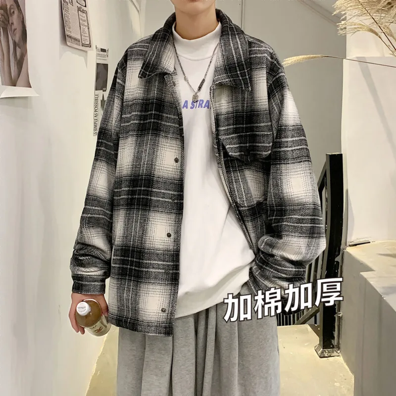 Winter Cotton Thick Jacket Men Warm Fashion Retro Plaid Jacket Men Japanese Streetwear Loose Short Coat Men Clothes M-2XL