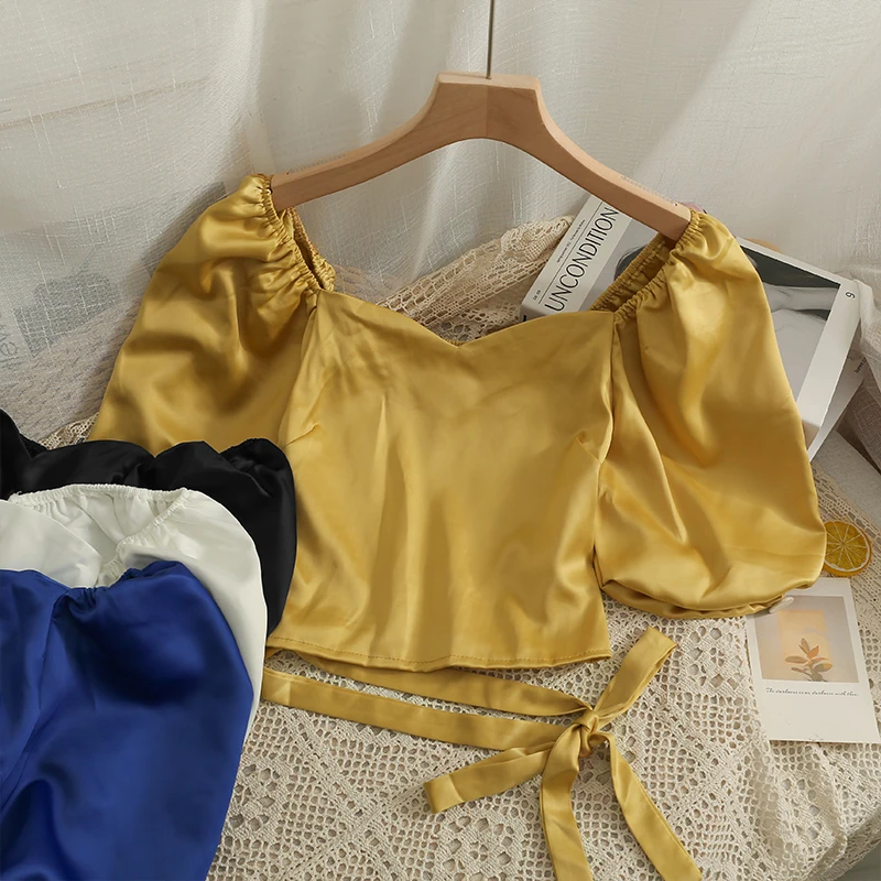 

Vintage Y2K Cropped Blouses For Women Casual Slim Puff Short Sleeve Tops Square Collar Korean Fashion Woman Blouses Dropshipping