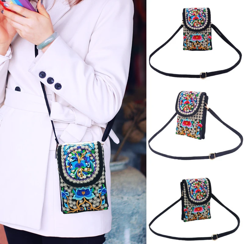 

Women Shoulder Bag Flip Ethnic Style Floral Embroidered Canvas Bag Retro Handbag Messenger Bag Small Phone Purse Travel Pouch