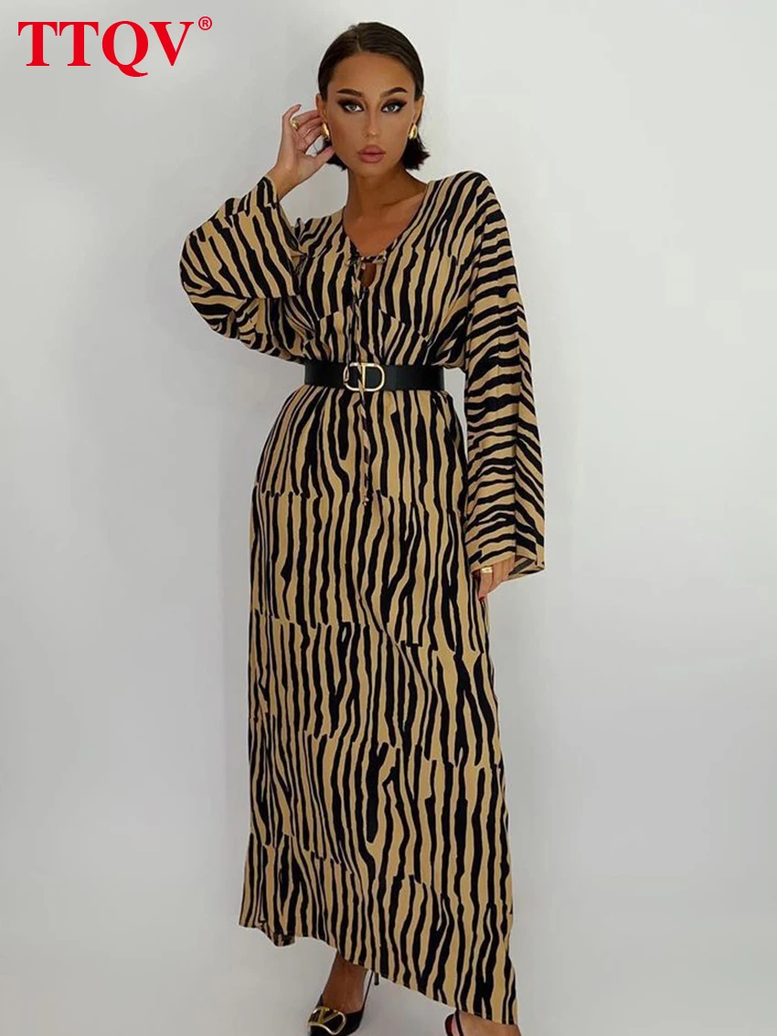 

TTQV Fashion Khaki Striped Print Womens Dresses 2023 Autumn Long Sleeve Single-Breasted Dress Casual Straight Ankle-Length Dress