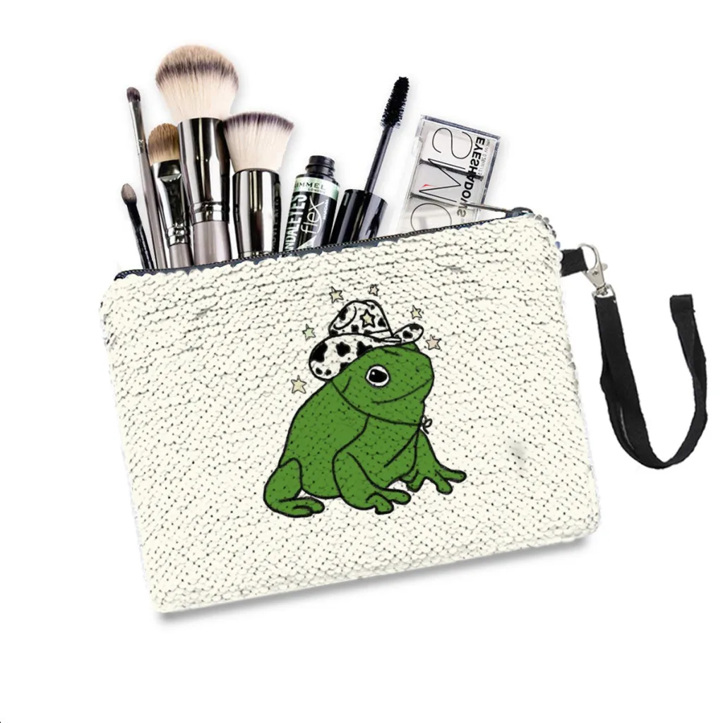 

Frog Cowboy Hat Sequins Makeup Bag Cottagecore Rural Aesthetic Women Girl Glitter Portable Cosmetic Bag Pouchs Travel Storage