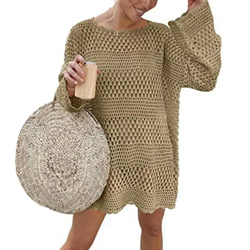

Вязанная крючком накидка для женщин, открытый купальник для пляжа, бикини, накидка с длинным рукавом, трикотажная яркая сетчатая накидка