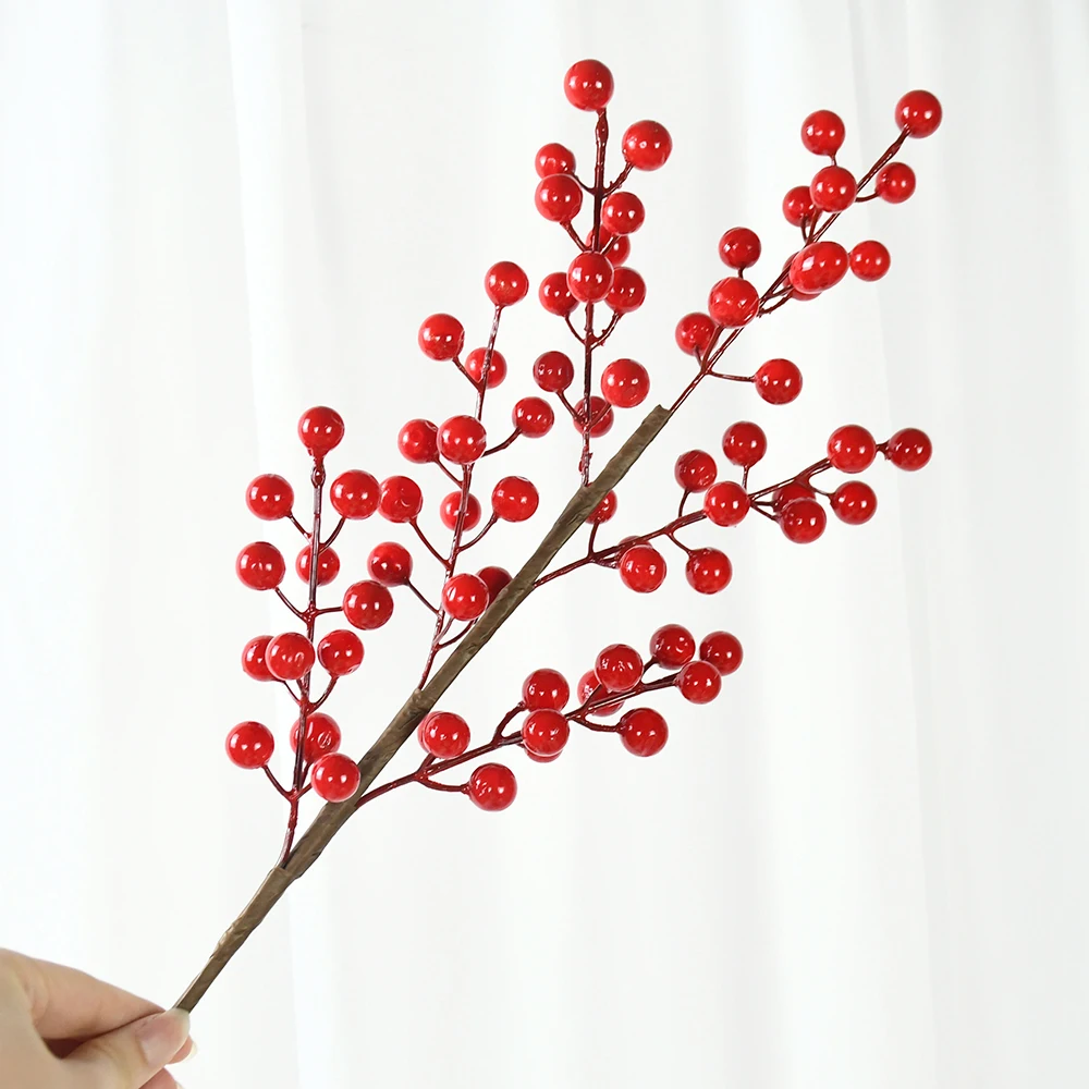 Artificial Red Berry With Stem 6 Branches Holly Berries Simulation Fake Flower Fruit for Christmas New Year Party Decoration